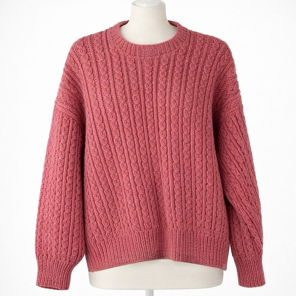 Vintage Handmade Y2K Chunky Cable Knit Sweater Size M Pink Cottagecore Fisherman